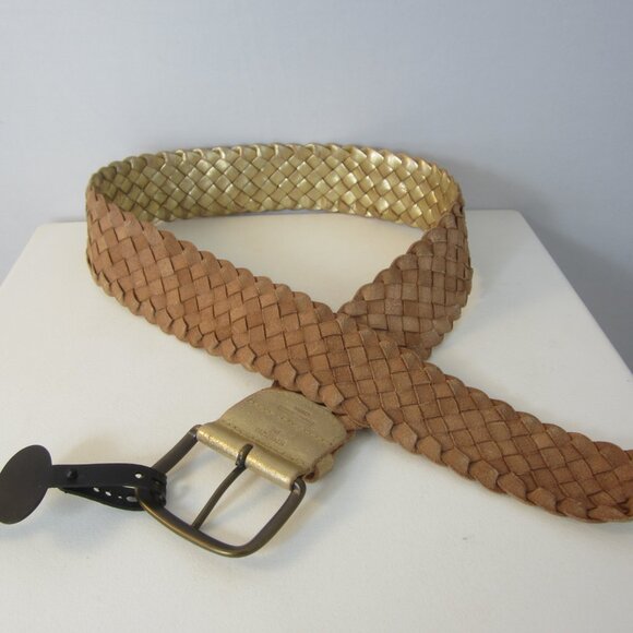 New Fossil Women Medium Gold Metallic Leather Woven Wide Belt Brass Buckle NWT main image 8